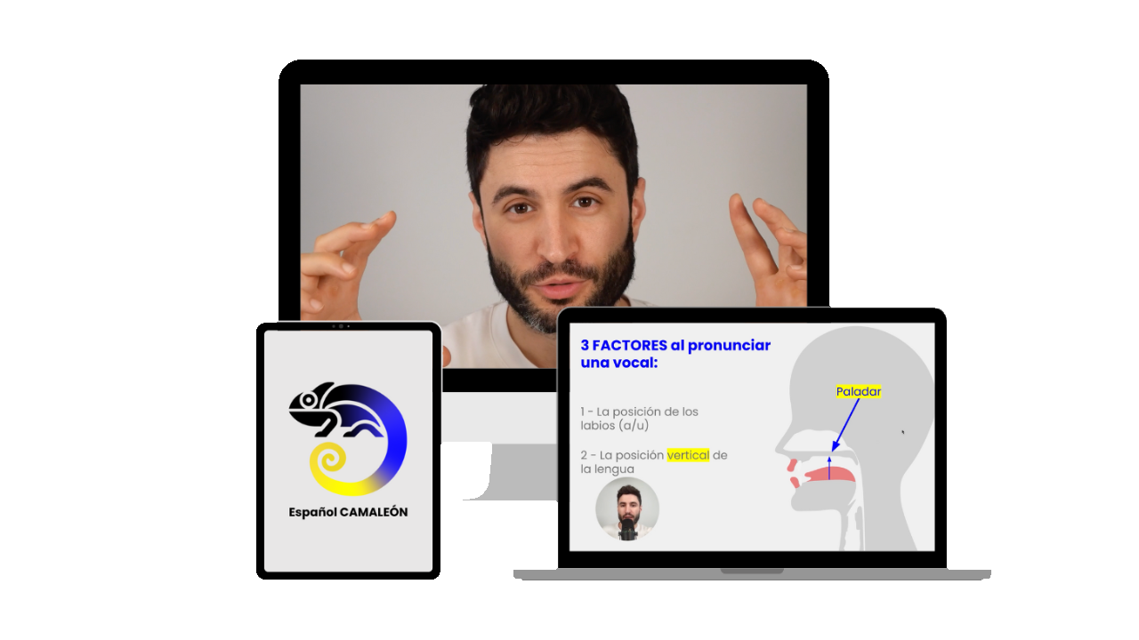 Español Camaleón course on laptop and tablet, with César teaching a pronunciation lesson